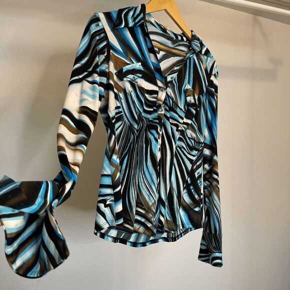 Y2k Vintage Cache Brown and Blue Print Button Down Blouse - Picture 1 of 8